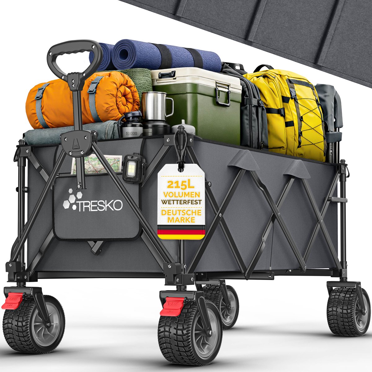TRESKO® Bolderwagen opvouwbaar 215L met rem | Handwagen inklapbaar 150kg incl. massief rubberen banden | Opvouwbare strandwagen extra brede all-terrain wielen | Transportwagen met draagtas