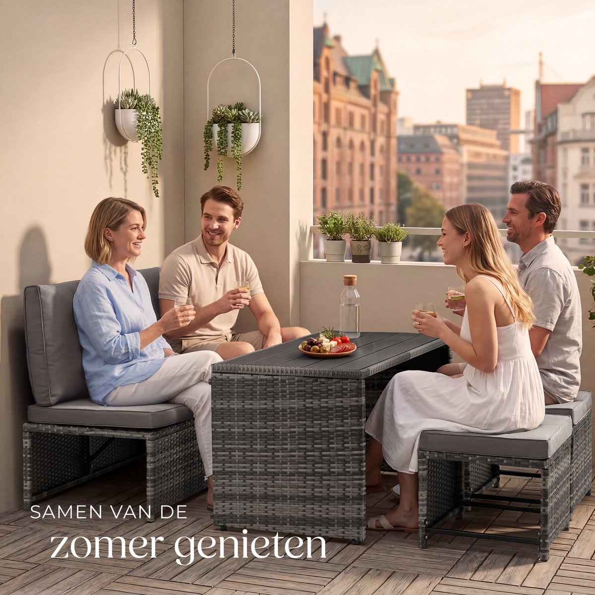 tectake® 2-in-1 Wicker Loungeset - Modulaire Tuinset - Te gebruiken als Tuinbank en Voetenbankjes - Tuintafel - Zitgroep voor 2 of 4 Personen - 110 x 60 cm - Tuinmeubelen - Voor Tuin, Balkon en Terras - Inclusief Kussens - Grijs – foto 3