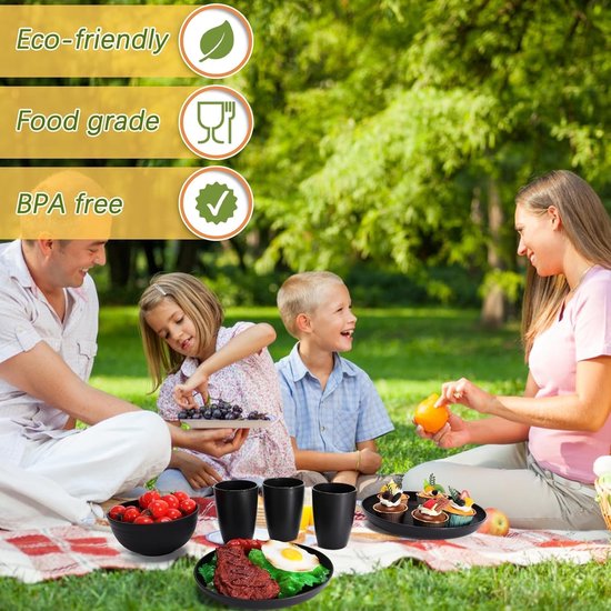 32-Delige Camping Servies Set voor 8 Personen - Lichtgewicht Herbruikbaar Plastic Servies met Kom - Bord - Bekers - Milieuvriendelijk Schokbestendig Plastic Servies voor Picknick — afbeelding 3