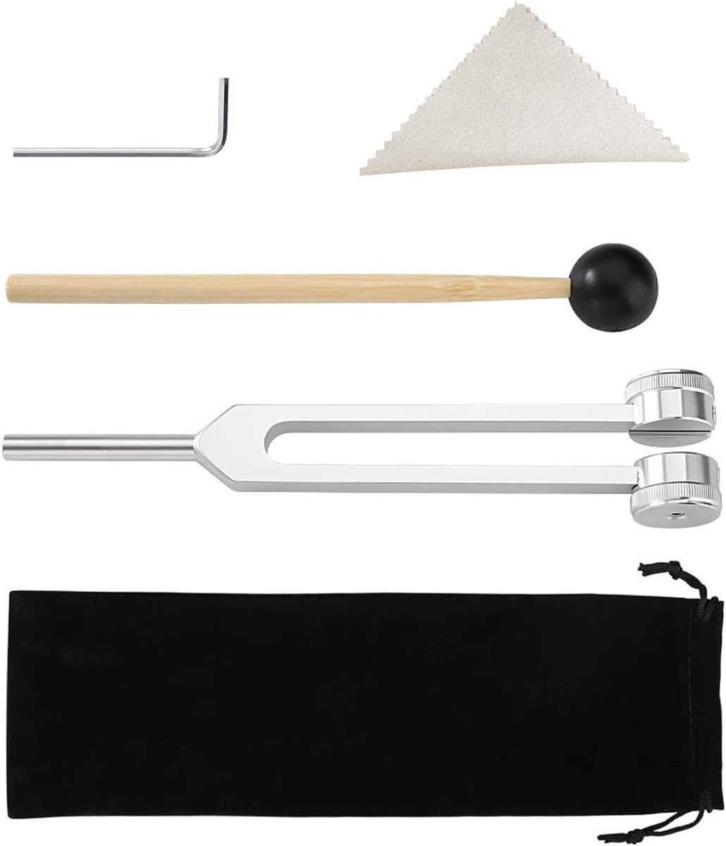Stemvork 128 Hz van 21,5 cm met houten lepel en reinigingsdoek voor klanktherapie en meditatie, verstelbare aluminiumlegering, ideaal voor ontspanning en healing