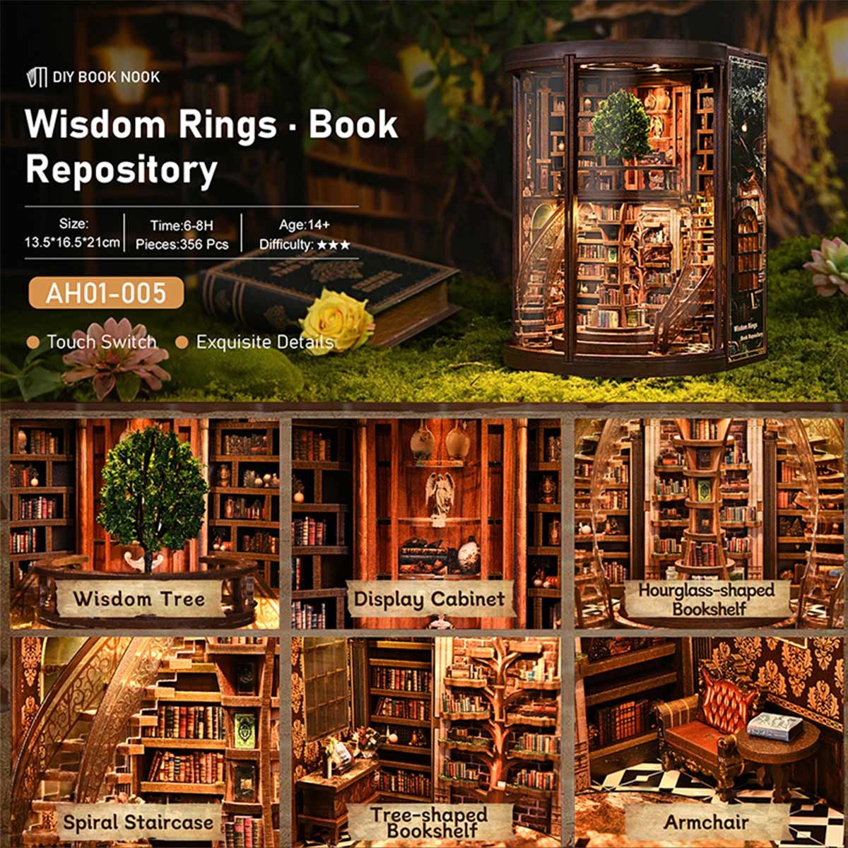 Miniatuur Bouwpakket-DIY Book Nook Kit-DIY Miniatuur Boekenkast met LED & Deur – Houten 3D Puzzel Bibliotheek – Touch Verlichting – Decoratie & Cadeau voor Volwassenen — afbeelding 8