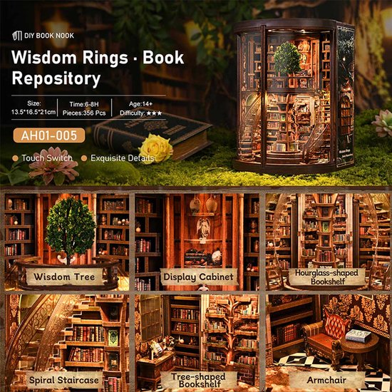 DIY Boek Nook 'Wijsheidsringen' met verlichting, een gedetailleerde miniatuur bibliotheek met boom en trap.