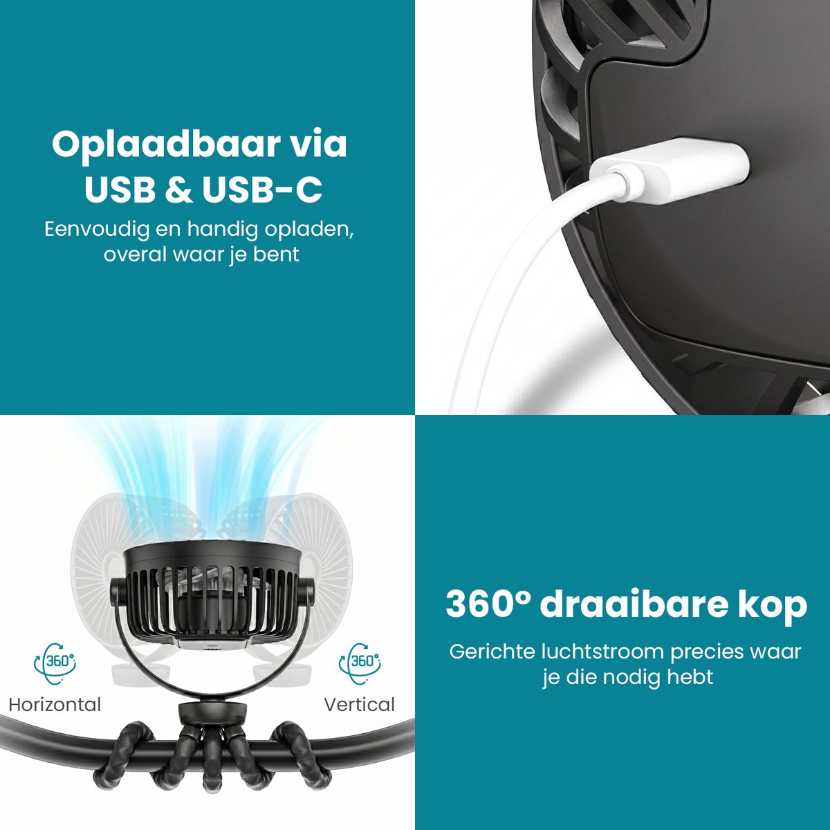 Twenty4seven® Handventilator met Octopus - Draagbare Ventilator Oplaadbaar - Hand Tafelventilator Draadloos - Kinderwagen Mini Fan met 3 Standen — afbeelding 2