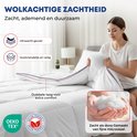 Een bed met een wit dekbed, met een close-up van de vulling van microvezels.