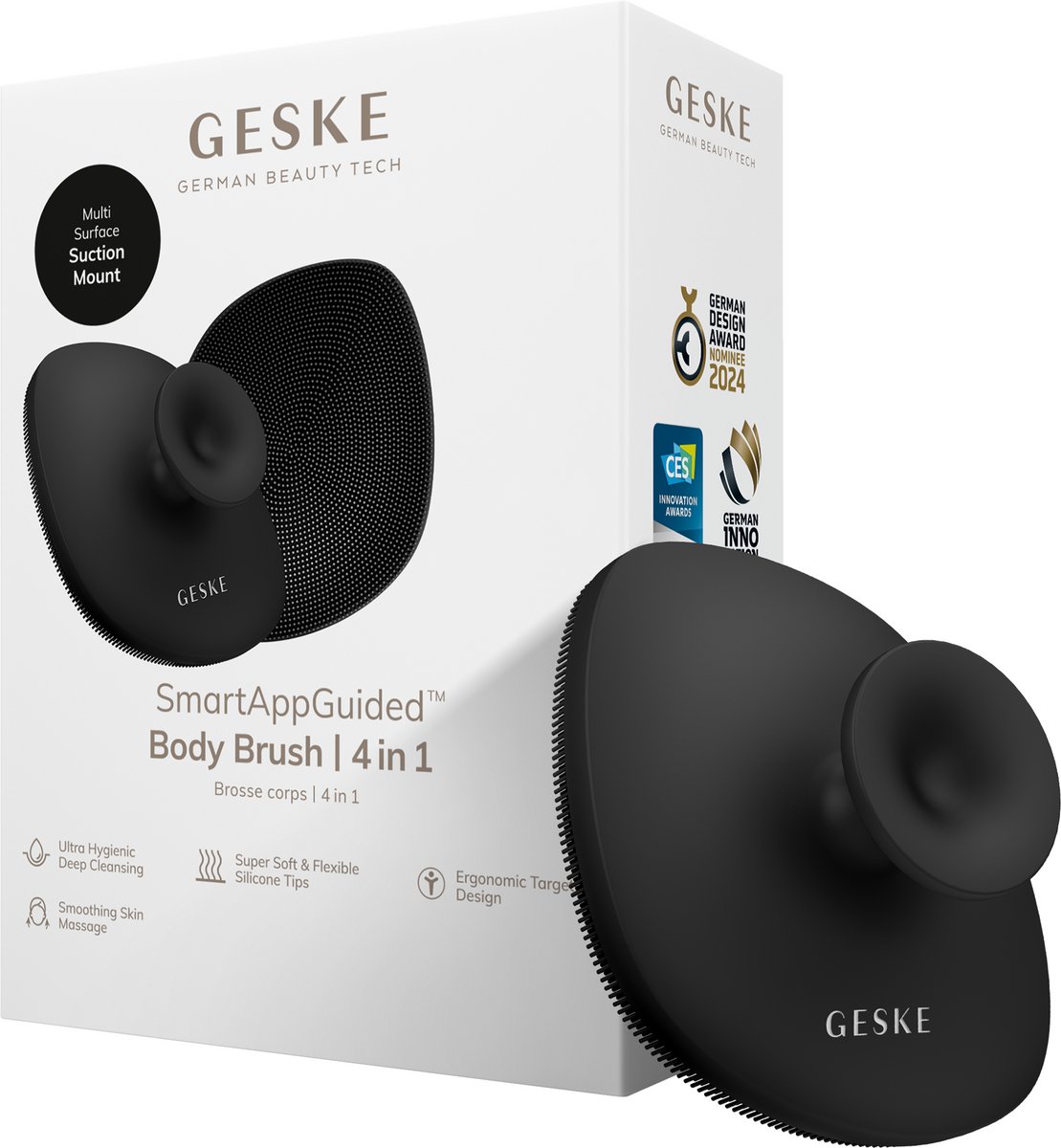 GESKE Body Brush | 4 in 1 | Reinigingsborstel voor het hele lichaam | Dieptereiniging | Zachte siliconen borstelharen | Ergonomisch ontwerp met twee vingers | Reinigingen en massages