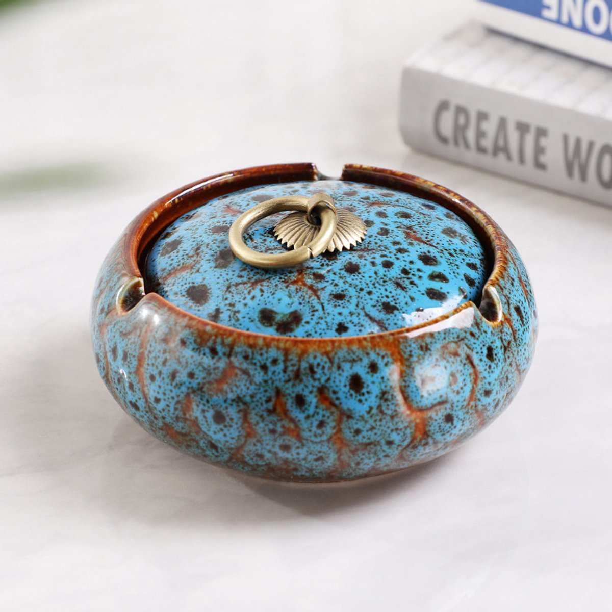 Handgemaakte Keramische Asbak Met Deksel – Decoratief – Voor Terras, Bureau & Kantoor – Ideaal Voor Rokers & Woondecoratie-11x11x5.6 cm-In de oven gebakken blauw