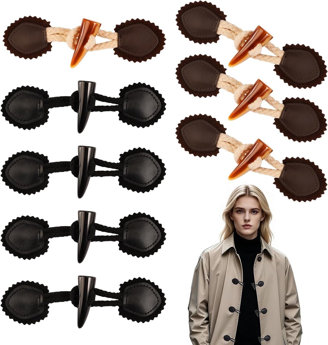 8 Paar Leren Toggle Sluitingen voor Jassen, Sweaters en Rugzakken - Duurzame Knopen van PU Leer en Hars, Geschikt voor Dufflecoats en Windbreakers, Zwart