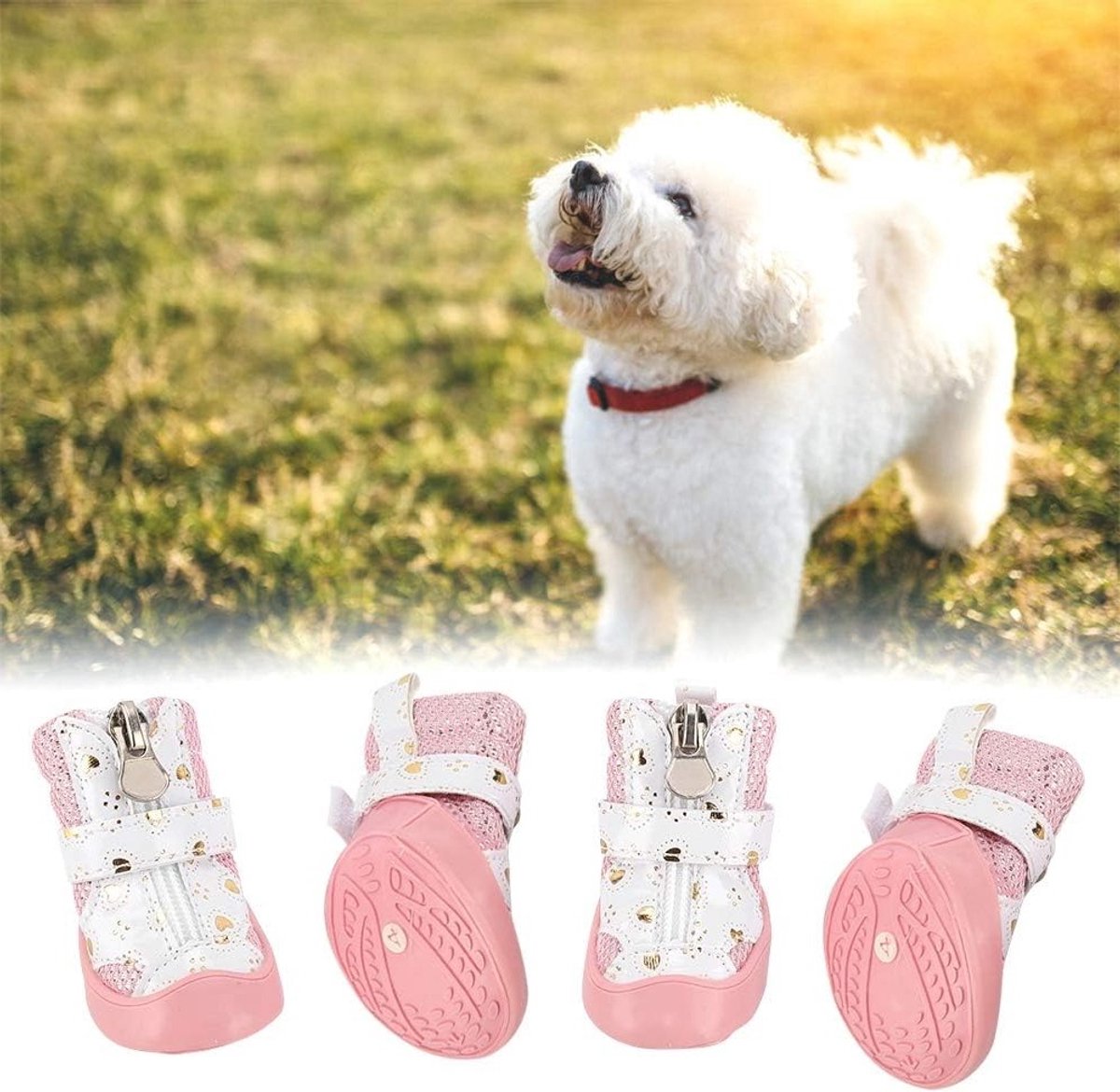 Ademende en Antislip Wandelschoenen voor Kleine Honden en Katten - 4 Stuks Roze Pootbeschermers