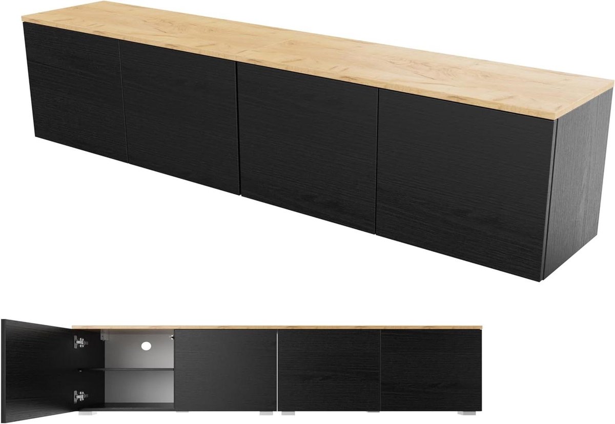 TV Meubel - Dressoir Lowboard - Media Opbergen - Push-to-open Deuren - 180 cm breed - Eiken Mat Zwart Mat