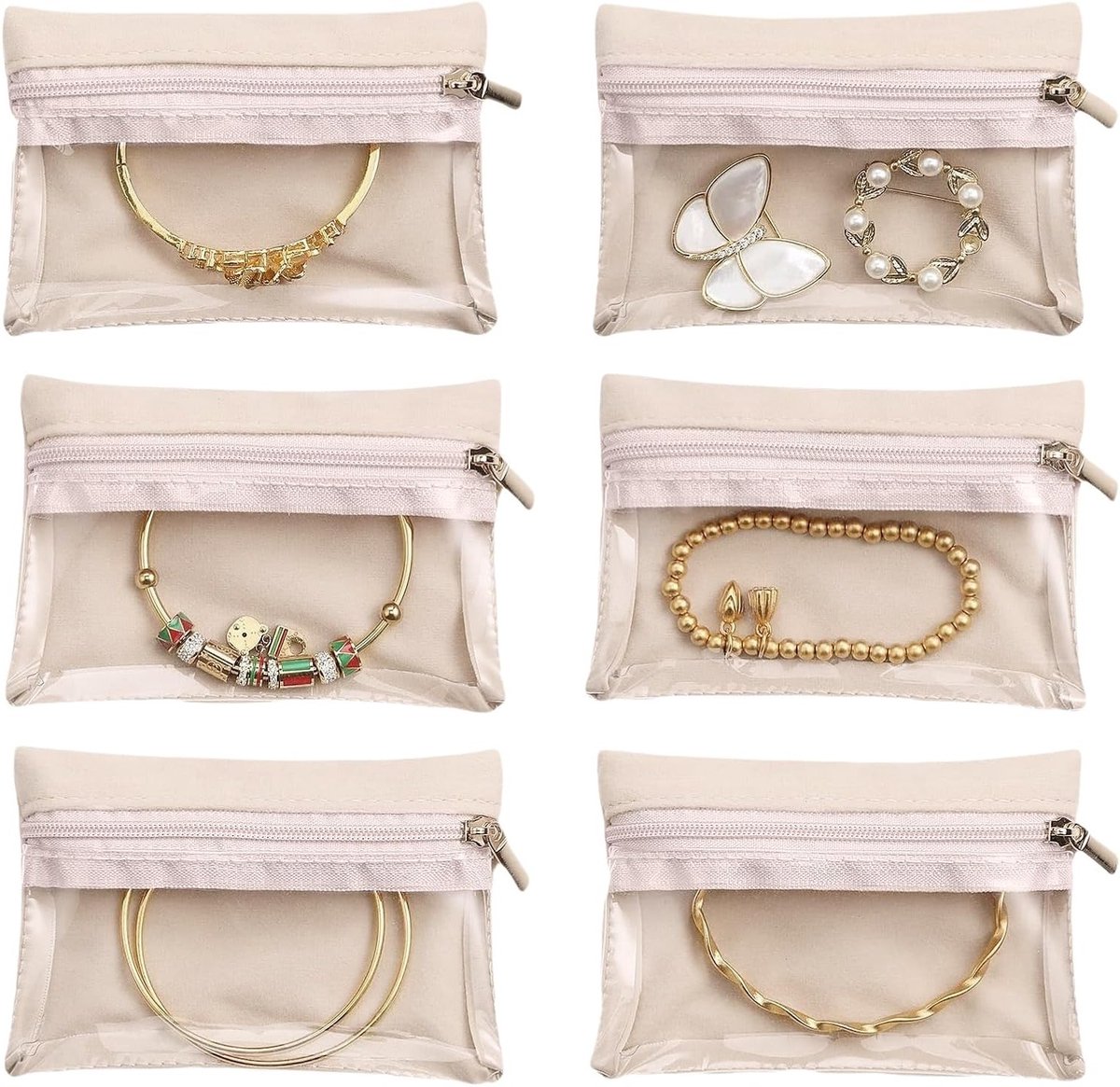6-delige Sieraden Tassen Set, Duidelijke Reis Sieraden Organizer met Ritssluiting, Compacte Velvet Sieraden Opberger voor Ringen, Halskettingen en Armbanden, Perfect als Cadeau voor Vrouwen