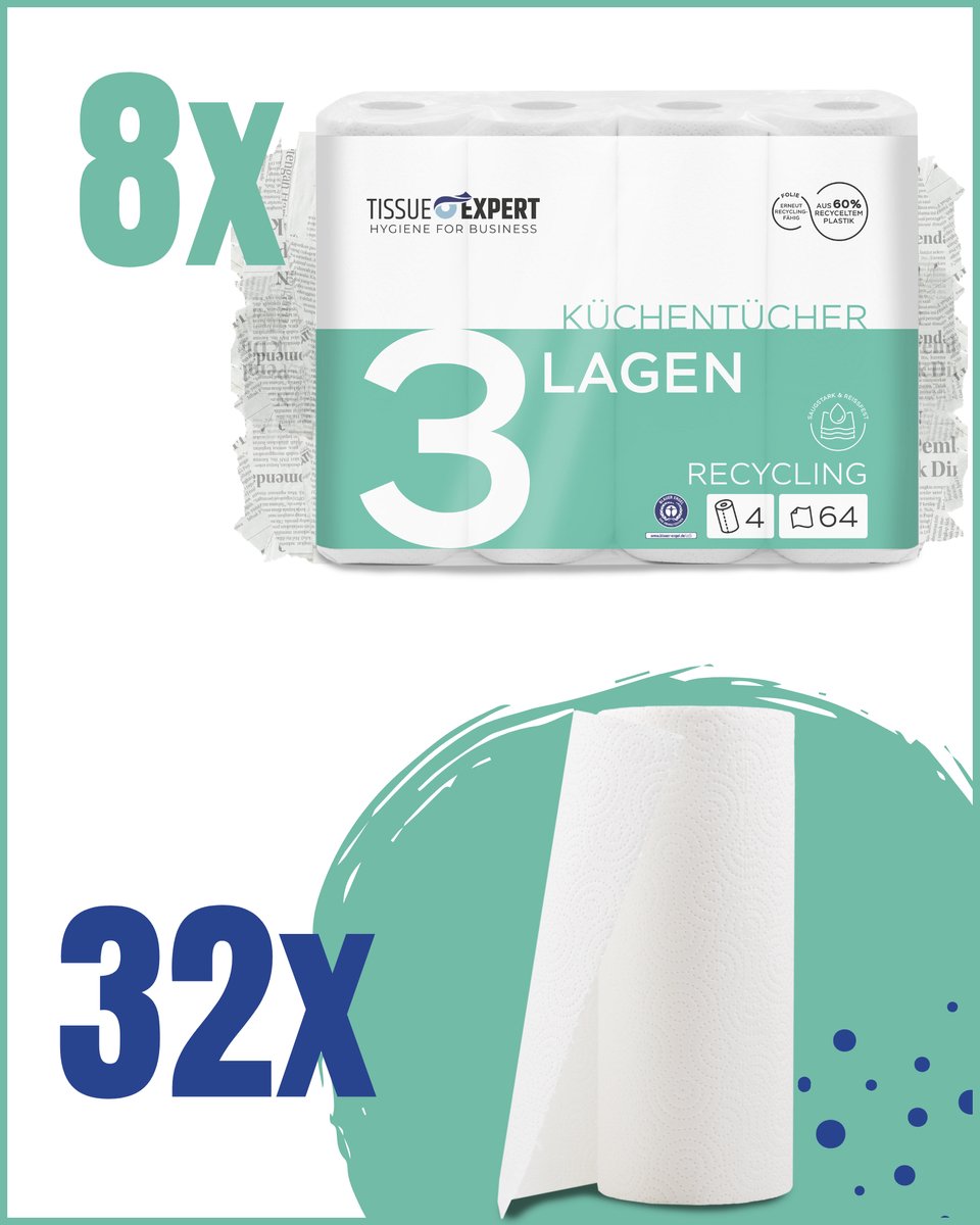 TISSUE EXPERT Keukenrollen Gerecycled 3-Laags 32 Rollen x 64 Vellen - 100% Gerecycled Papier, Zeer Absorberend, Scheurvast en Betrouwbaar, Geschikt voor Huishouden en Bedrijf, Made in Germany