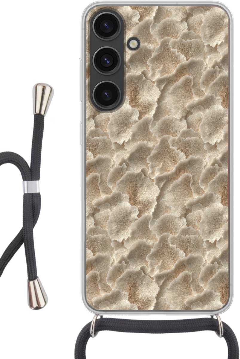 Telefoonhoesje Geschikt voor Samsung Galaxy S24 - Waaierstructuren - Beige - Vezeltextuur - Siliconen - Crossbody - Backcover met Koord - Telefoonhoesje met koord - Hoesje met touw Telefoonhoesje