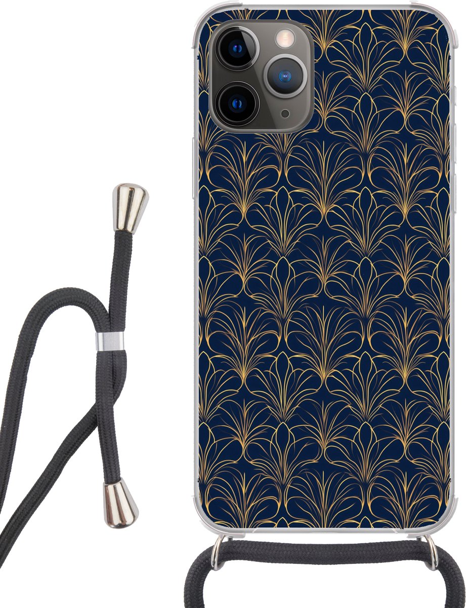 Telefoonhoesje Geschikt voor iPhone 13 Pro - Deco - Waaier - Blauw - Siliconen - Crossbody - Backcover met Koord - Telefoonhoesje met koord - Hoesje met touw Telefoonhoesje