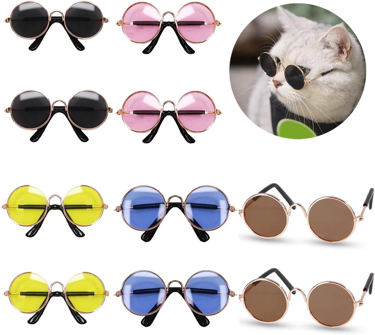 10 Pcs Retro Puppy Zonnebrillen - Dieren Ronde Zonnebrillen - Kat Retro Ronde Brillen - Huisdier Zonnebrillen - Grappige Huisdier Zonnebrillen - Geschikt voor Huisdier Fotoprops (Vijf Kleuren)