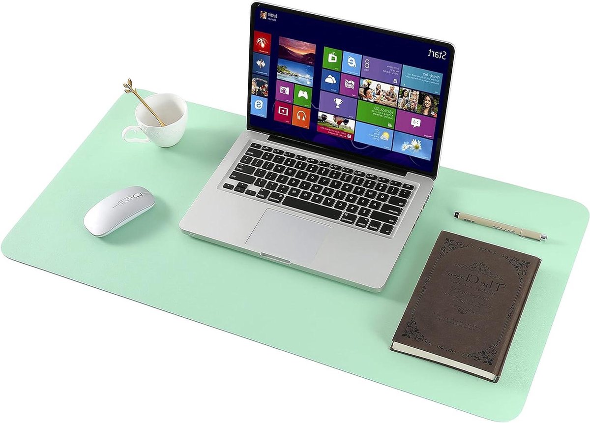 Desk Mat, Desk Pad PU Leather Desk Mat Large, Double Sided Non-Slip Desk Pad Laptop Desk Mat Soft Waterproof For Office and Home (Green&Blue,60 * 35cm)