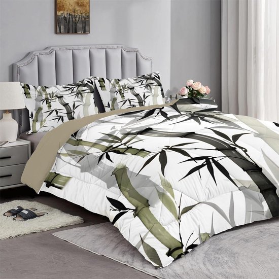 Tweepersoons Dekbed - Dekbed set - Comfortabel slapen - Groene planten patroon - 200x200cm - Wit