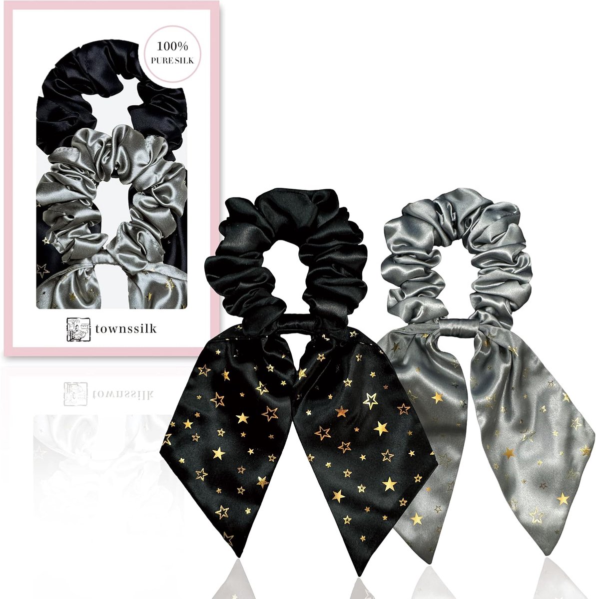Silk Scrunchie Set van 2 met Strik - 100% Mulberry Silk - 22 Momme - Haaraccessoires - Volume en Zacht - Oeko-Tex Gecertificeerd - Zwart + Medium Grijs
