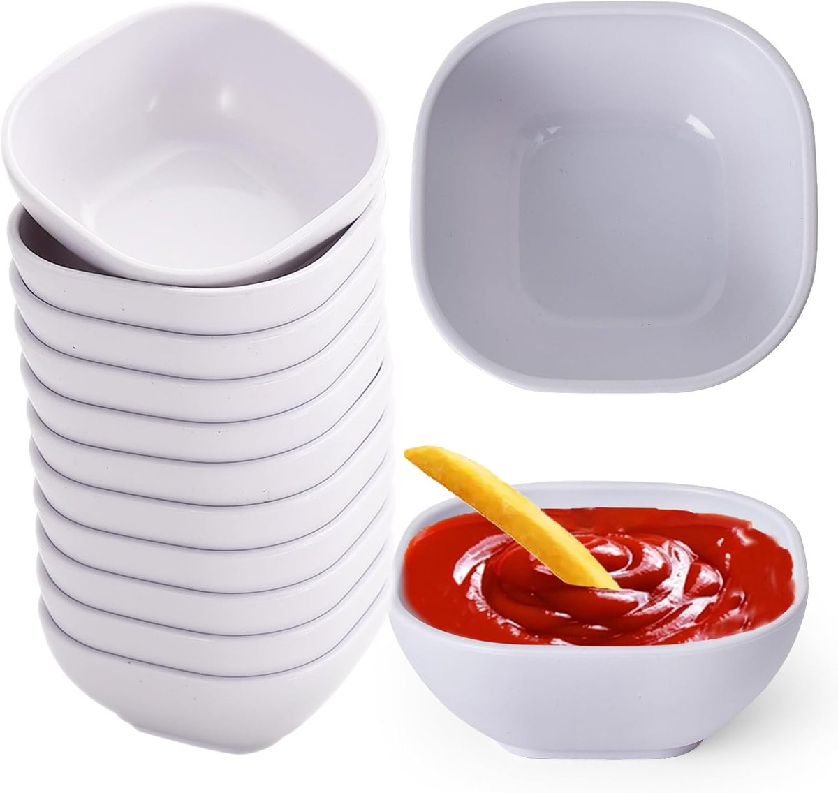 Set van 12 dipschaaltjes van tarwevezel, 9*9*4 cm, een alternatief voor plastic sojasausschaaltjes, onbreekbare kleine dessertschaaltjes, geschikt voor magnetron en vaatwasser, ideaal voor snacks, sushi en sauzen (wit).