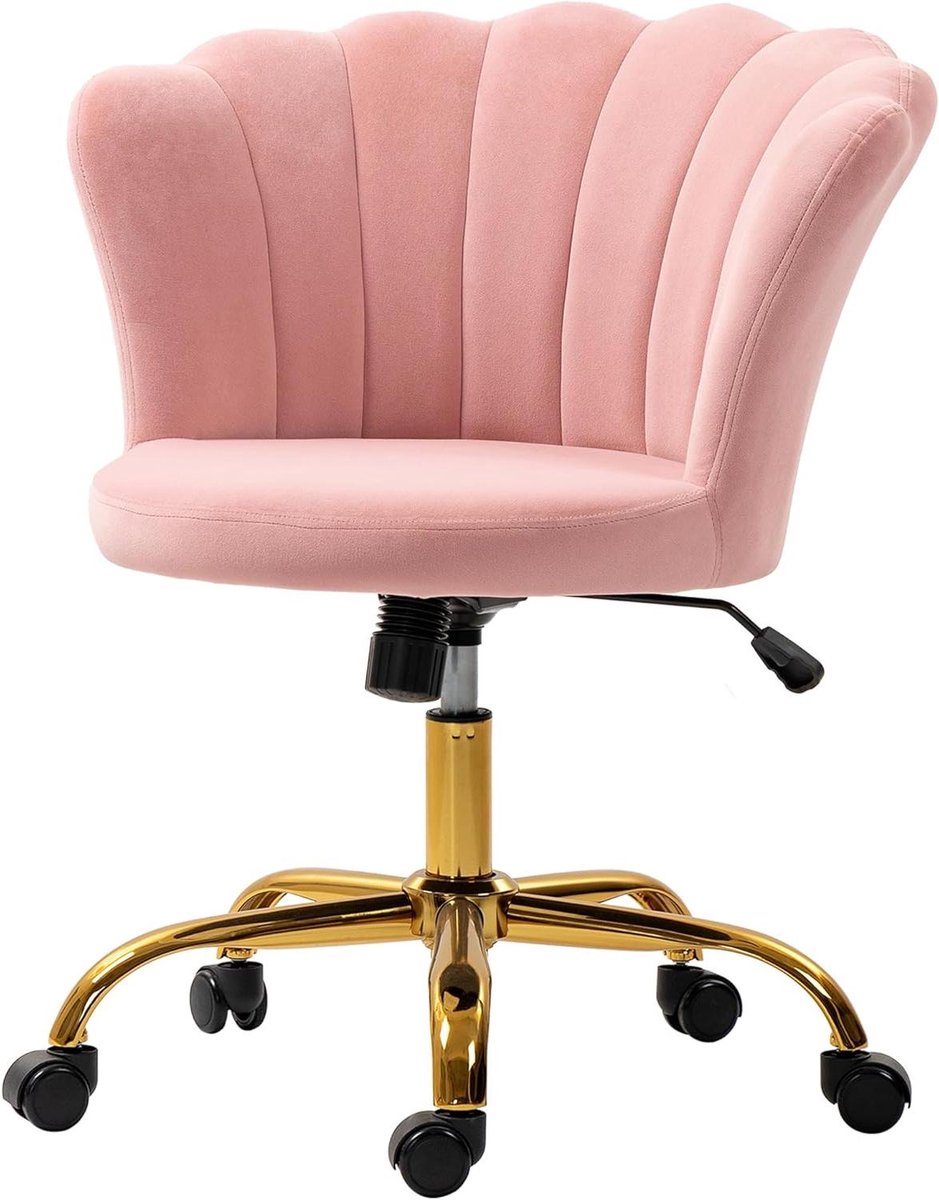 Bureaustoel Fluweel - Kaptafelstoel Kantoorstoel - Comfortabel Werken - Bloembladvormige Rugleuning - 69x64x80-90 cm - Roze