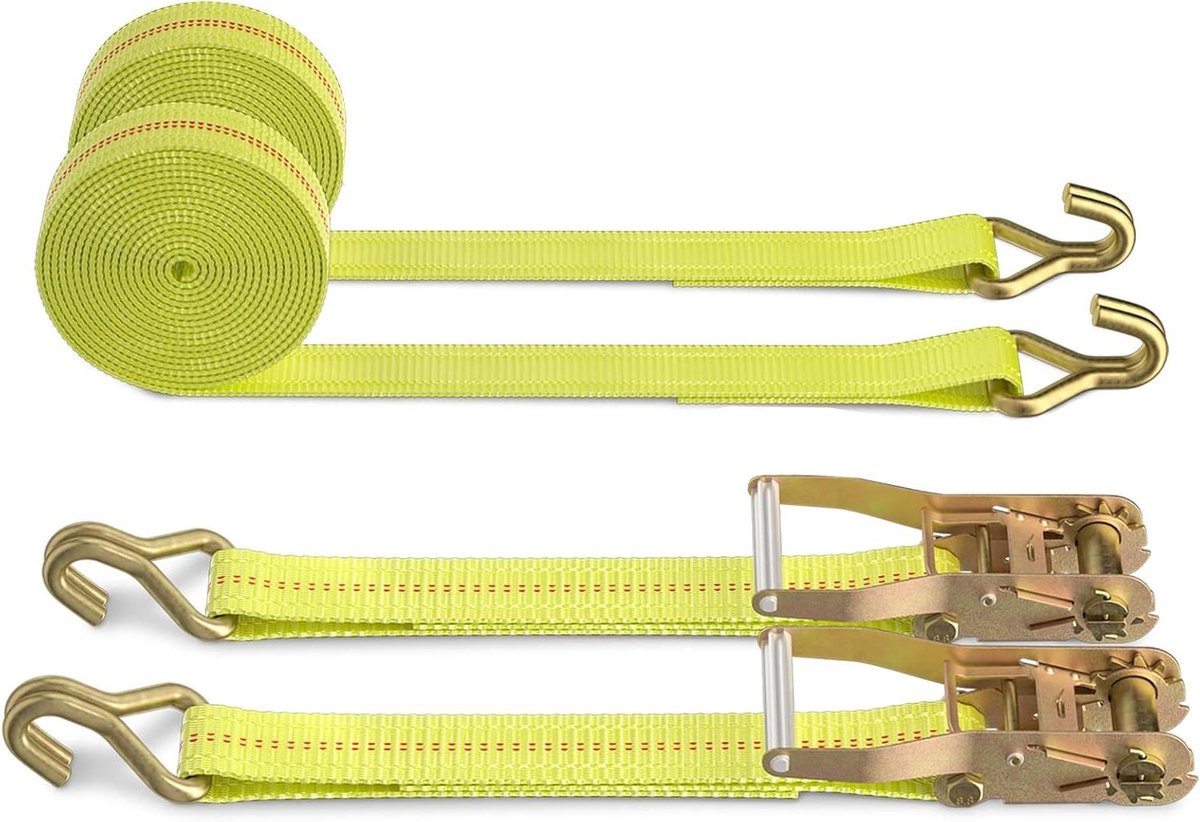 Ratelriemen Heavy Duty - Spanbanden Cargo Straps - Vracht Zekeren - Dubbele J-haak - 2"x27' - Geel
