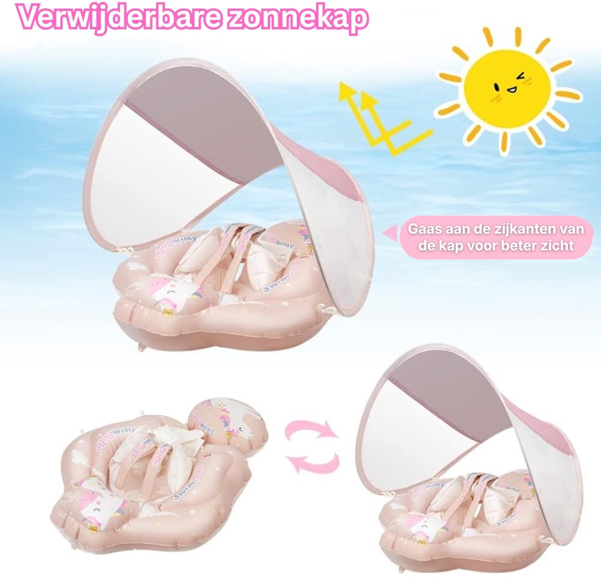 Opblaasbare zwemvlotter voor baby's - Baby Zwemring met Verwijderbaar Zonnekapje - zwemband - zwemtrainer - voor leeftijd 6 - 30 maanden - babyfloat - roze — afbeelding 3
