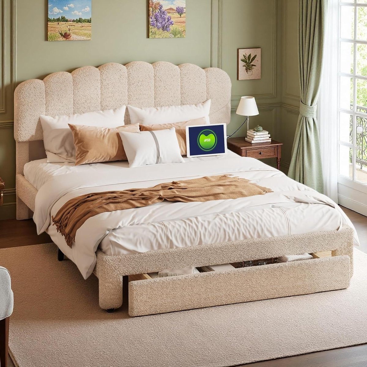 Gecapitonneerd Bed - Tweepersoonsbed Ladebed - Opgeruimd Slapen - Verstelbaar Hoofdeinde - 160x200 cm - Beige