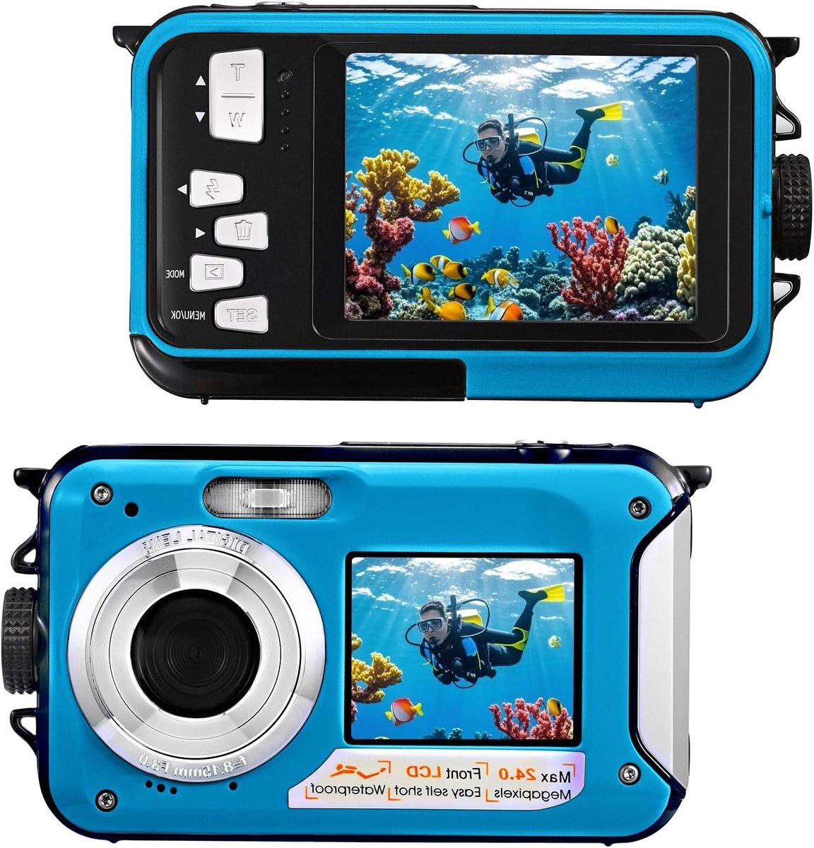 Digitale camera - Onderwatercamera - Vakantiepret vastleggen - Dubbel scherm - 48 MP - Blauw