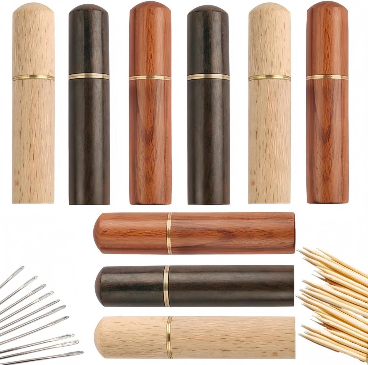 Houten Tandenstoker Houder - Mini Tandenstoker Case - Opslag Tandenstokers - Waterdichte Handgemaakte Craft - 9 Stuks - Natuurlijk Hout