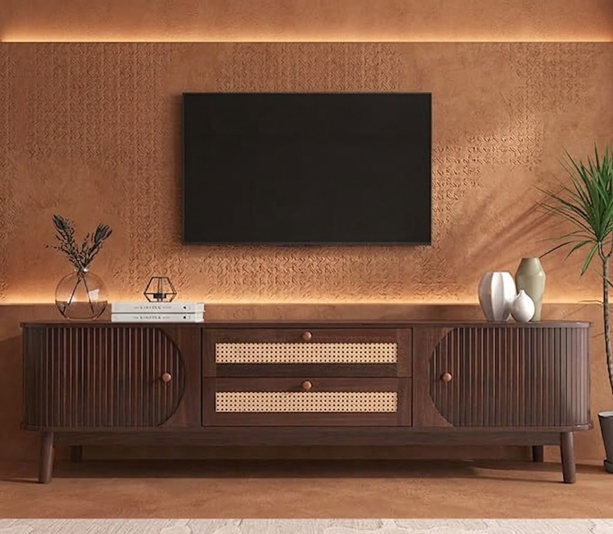 Rivaro Rotan TV Meubel 170x39,5x46 cm – Landelijke Houten TV Kast met Schuifdeur, Lades en Opbergruimte voor TV tot 75 Inch – Naturel Design – Casa Dorada