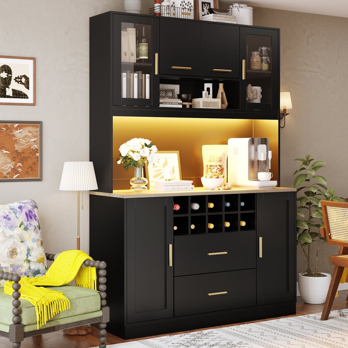 FloraGrace Dressoir - Ledverlichting En Stopcontact - 6 Deuren En 2 Laden - MDF En Metaal - 120x36,3x180 Cm - Zwart