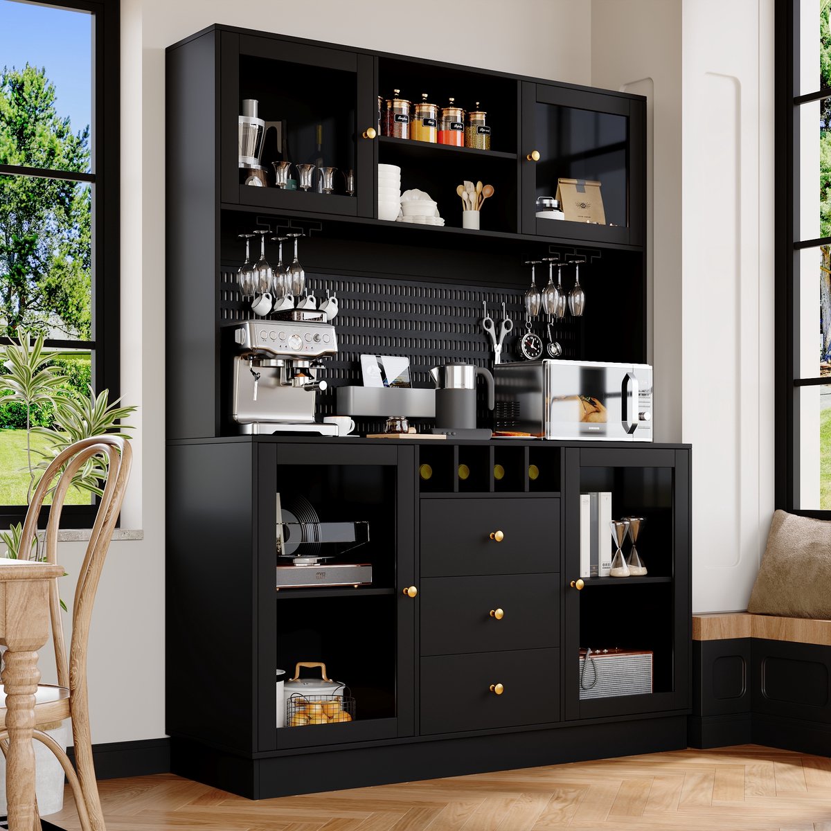 MIVRAY Hoge Kast - Met Slimme Ledverlichting En Wijnglasrek - Voor Keuken En Woonkamer - MDF En Glas - Zwart