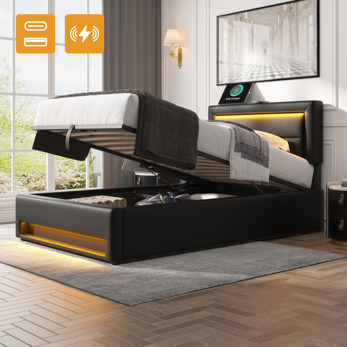 FloraGrace Gestoffeerd Bed 90x200 cm - Met USB Opladen en LED-Verlichting - Met Opbergruimte - Zonder Matras - Zwart