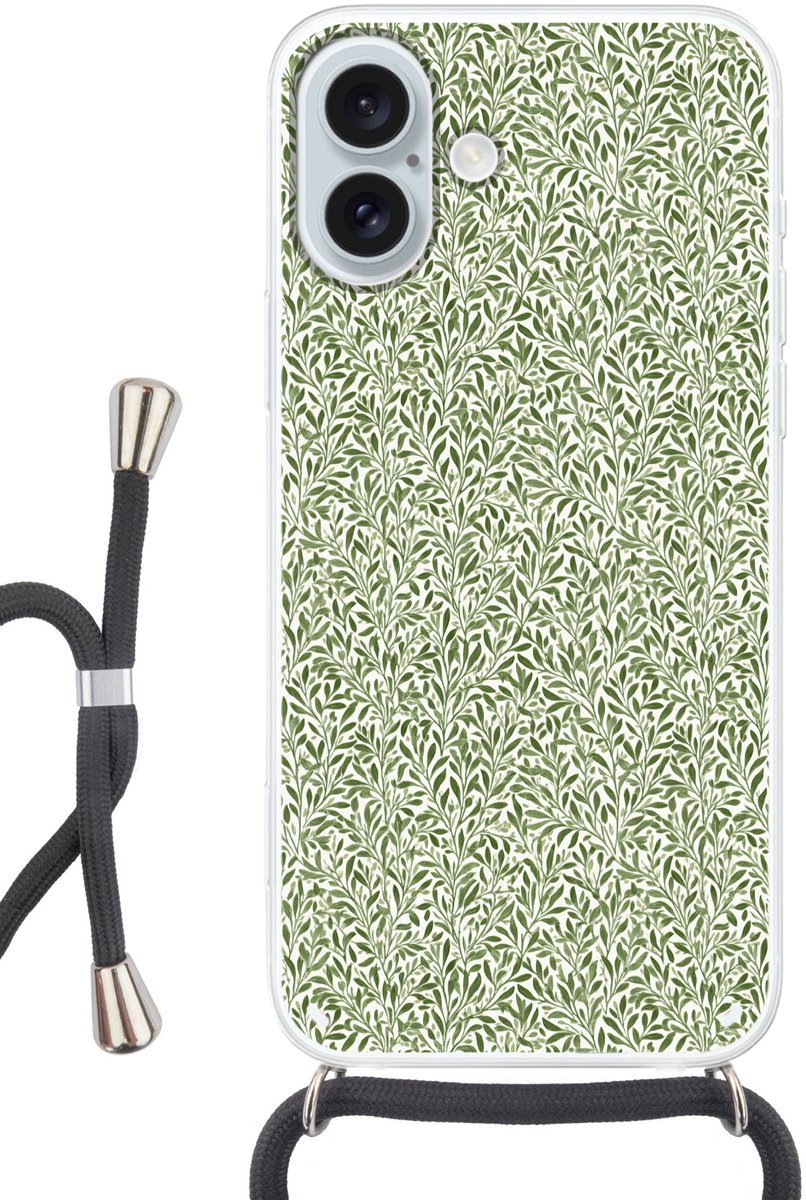 Telefoonhoesje Geschikt voor iPhone 16 Plus met koord - Botanisch - Takken - Groen - Siliconen - Crossbody - Backcover met Koord - Telefoonhoesje met koord - Hoesje met touw Telefoonhoesje