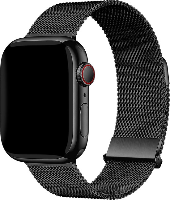 Bracelet noir Milanese pour Apple Watch, enroulé autour du cadran. Fermoir magnétique réglable.