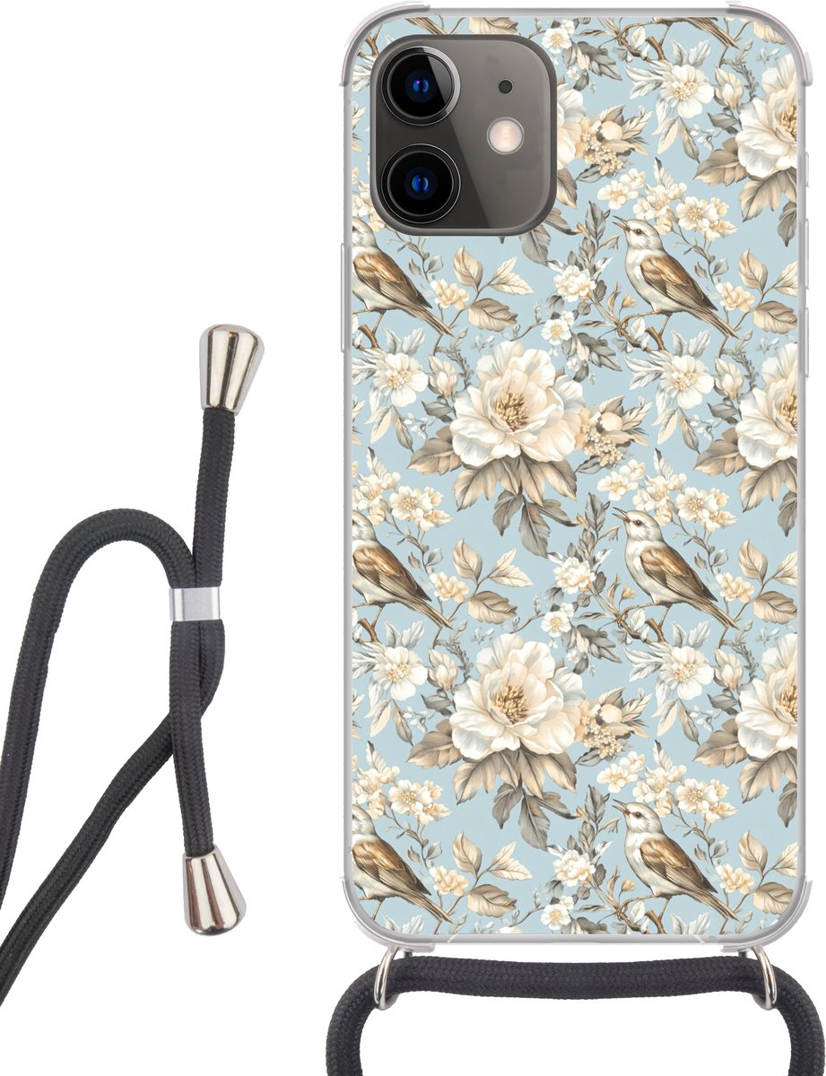 Telefoonhoesje Geschikt voor iPhone 12 Mini - Botanisch - Zangvogel - Blauw - Siliconen - Crossbody - Backcover met Koord - Telefoonhoesje met koord - Hoesje met touw Telefoonhoesje