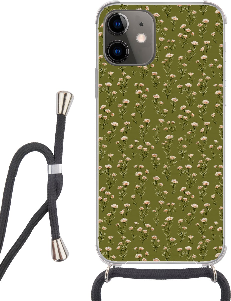 Telefoonhoesje Geschikt voor iPhone 12 Mini - Landelijk - Bloemen - Groen - Siliconen - Crossbody - Backcover met Koord - Telefoonhoesje met koord - Hoesje met touw Telefoonhoesje