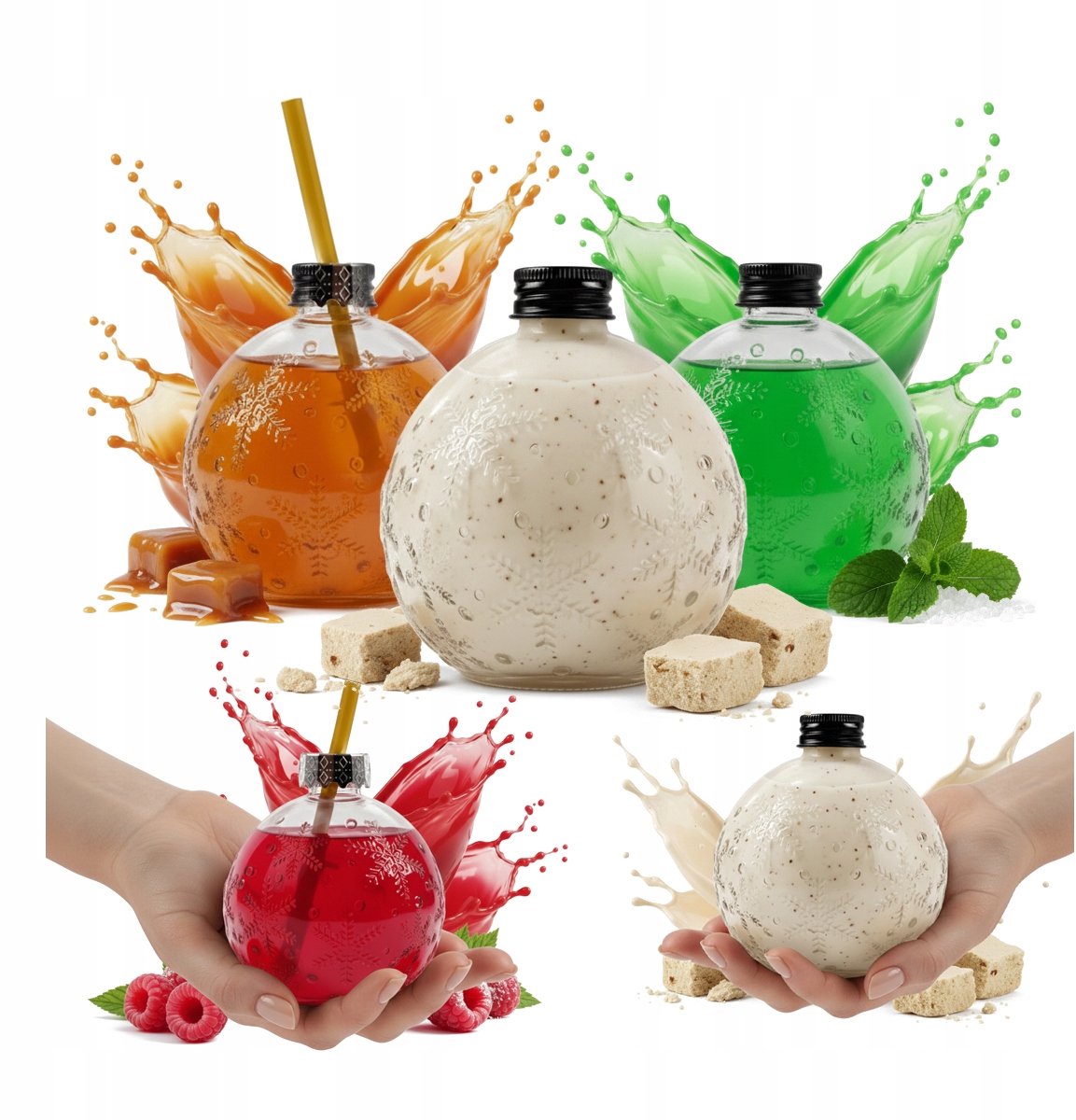 Bimberek Serie - Glazen Flessen - 400ml - Kerstontwerp - Inclusief Rietje