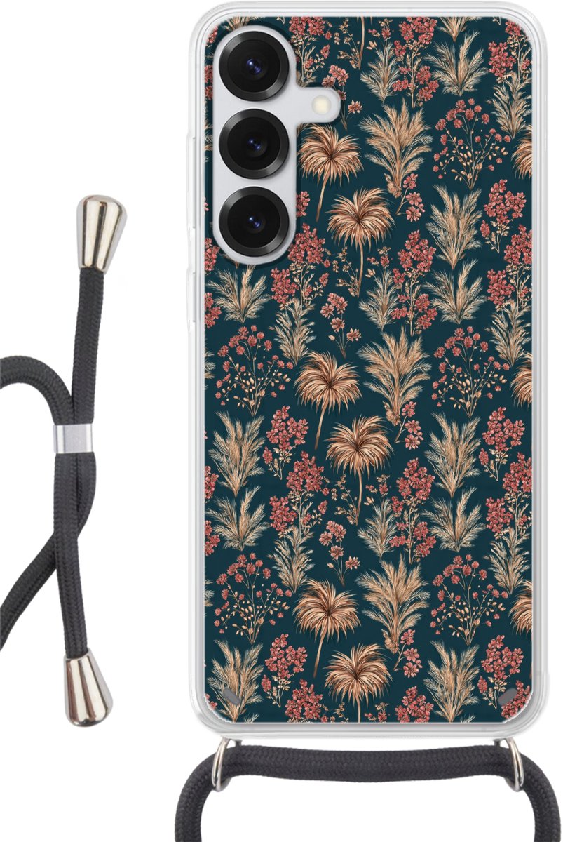 Telefoonhoesje Geschikt voor Samsung Galaxy S25 - Botanisch - Patroon - Blauw - Siliconen - Crossbody - Backcover met Koord - Telefoonhoesje met koord - Hoesje met touw Telefoonhoesje