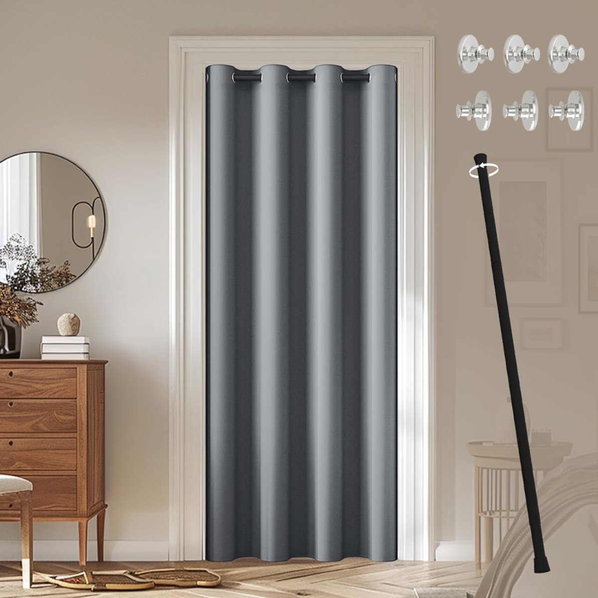 HEZIVO® Ruimteverdeler zonder Boren - Gordijnroede Isolerend - Roomdivider - Kamerscherm - Scheidingswand met Magnetische Knop - Grijs