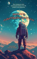 Astronaut in ruimtepak kijkt naar een grote maan boven een planetenlandschap, titel 'Ravi's Ruimteavontuur'.