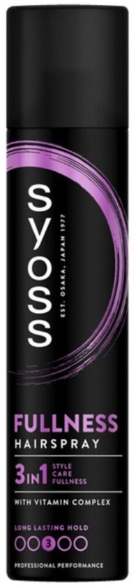 Syoss Fullness Haarspray met paarse krullen en tekst. 3in1 styling, verzorging, hold.