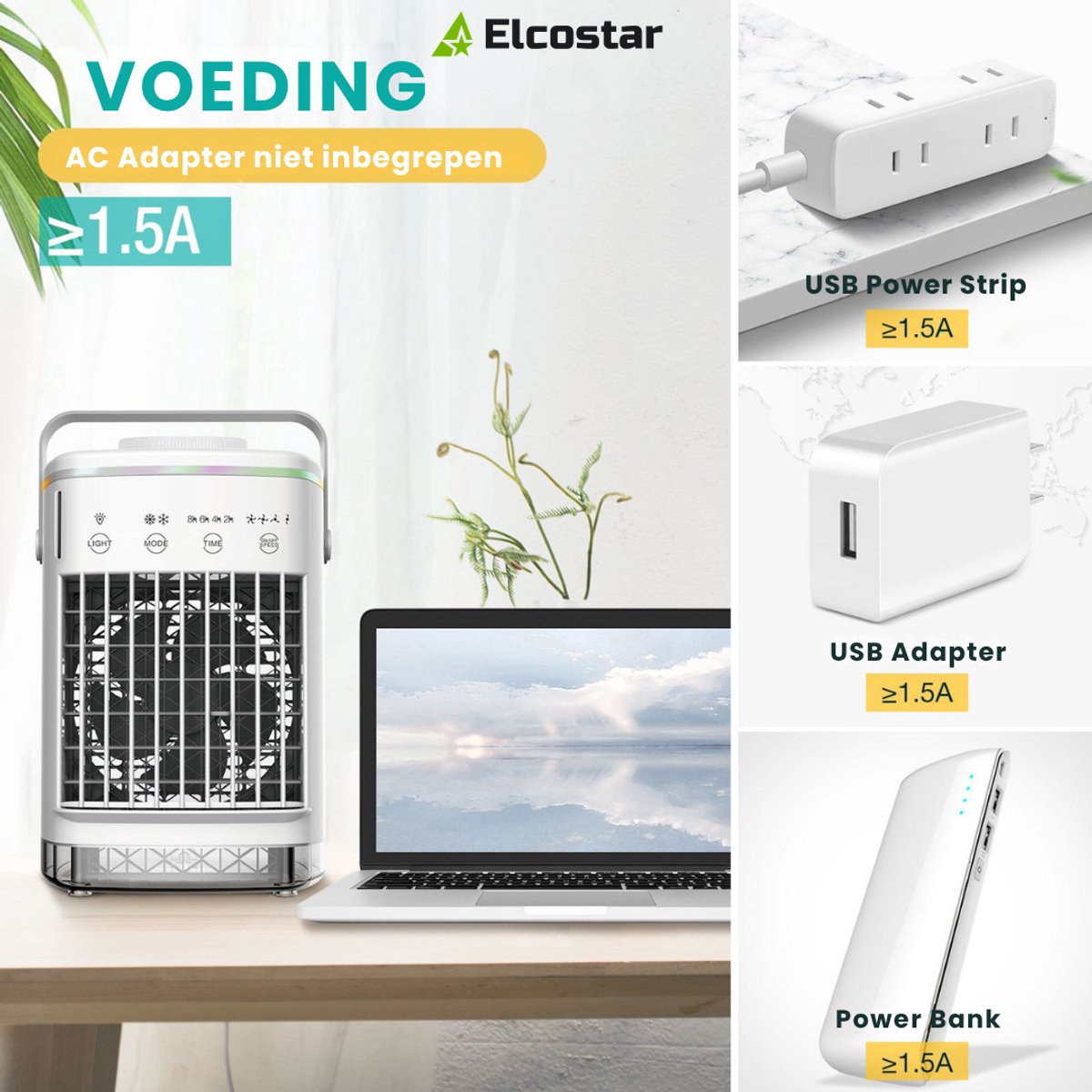Elcostar® Premium Portable Airco - Mini Airco - 2026 Model - Mobiele Airco - Luchtkoeler 4-in-1 - 4 windsnelheden, 2 luchtbevochtingsstanden & Timer - Aircooler - Draagbare Airco - Lekvrij - Airco - Wit thumbnail 2