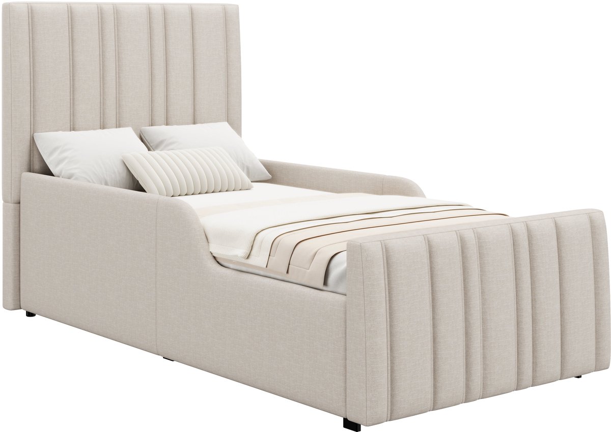 Merax Gestoffeerd Bed 90x200 Cm - Eenpersoonsbed Voor Kinderen - Bed Met Opbergruimte - Hydraulisch Bed Met Hoofdbord En Houten Lattenbodem - Beige - Linnen