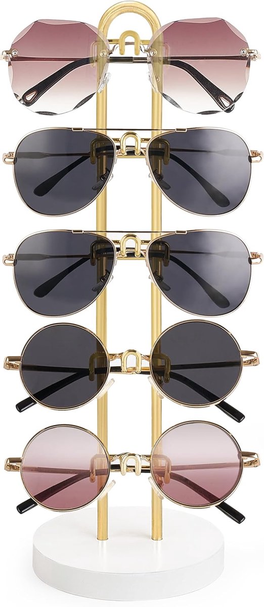Sunglasses Organizer - Eyeglasses Holder Stand - Metalen Frame met Houten Basis voor 5 Paar Zonnebrillen Display voor Tafel Bureau Aanrecht Dressoir Slaapkamer, Set van 1, Goud