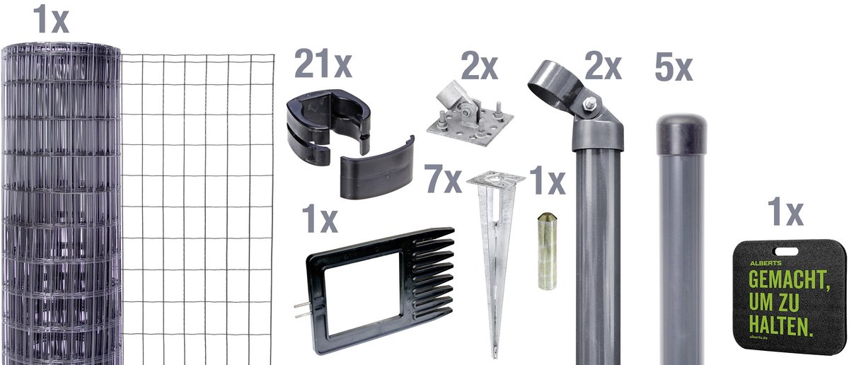 Alberts Fix-Clip pro als complete set, draadafscheidingskniestuk en slaggrondcontactdoos, antraciet of groen, hoogte 81-153 cm, lengte 10 m