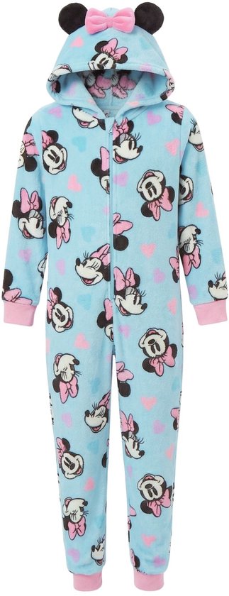 Lichtblauwe onesie met Minnie Mouse print, capuchon met oortjes en strik, en roze boorden.