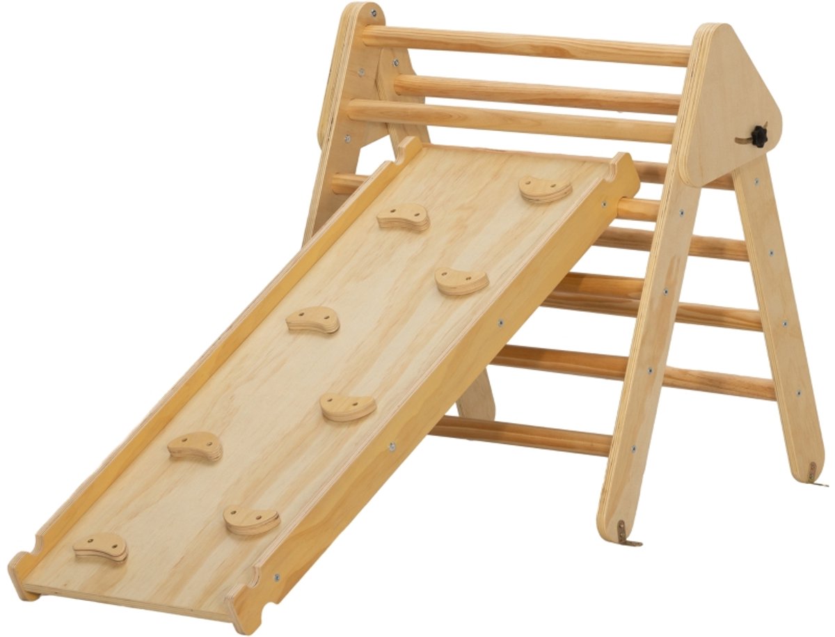 YYchan Houten Klimrek voor Kinderen - Montessori Pikler Driehoek met Glijbaan - Opvouwbaar Speeltoestel Binnen - Natuurlijk Hout - 147 cm Lang