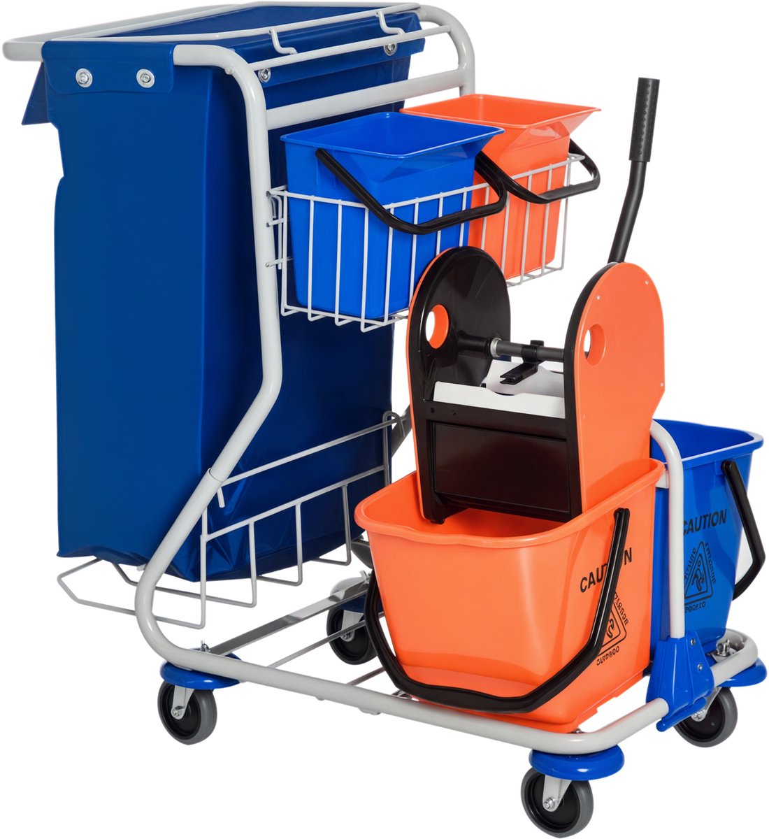 Killogood Schoonmaakwagen met 2 x 18L en 2 x 6L emmers - wringemmerwagen met mopwringer - opbergmand - blauw-oranje - 93x80x97cm