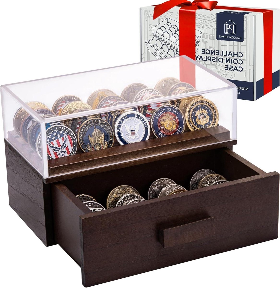 Houten Munt Display Case - Munt Houder - Verzamelingen Tonen - Met Acryl Deksel - Medium - Bruin