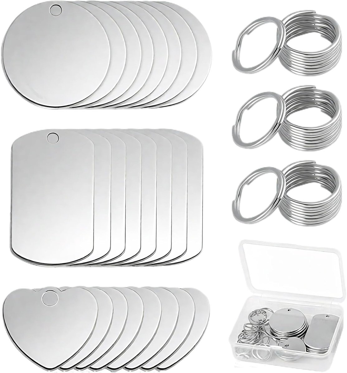 24 Stuks RVS Hangers in Wit, Rond en Rechthoekig, Hartvorm, 3 Maten, Gepersonaliseerde Dog Tag met Gravure en Sleutelhanger